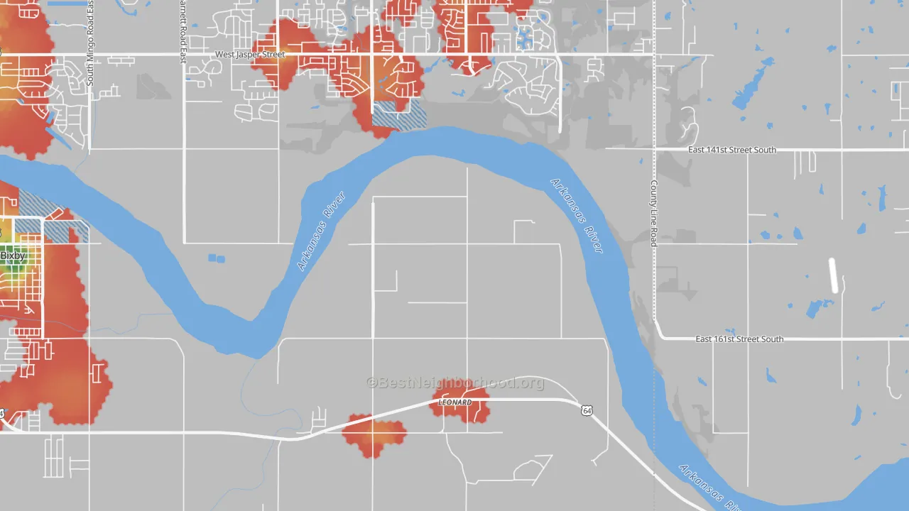 Walk Grade map of Leonard, OK, walkable areas in green and car-dependent areas in red