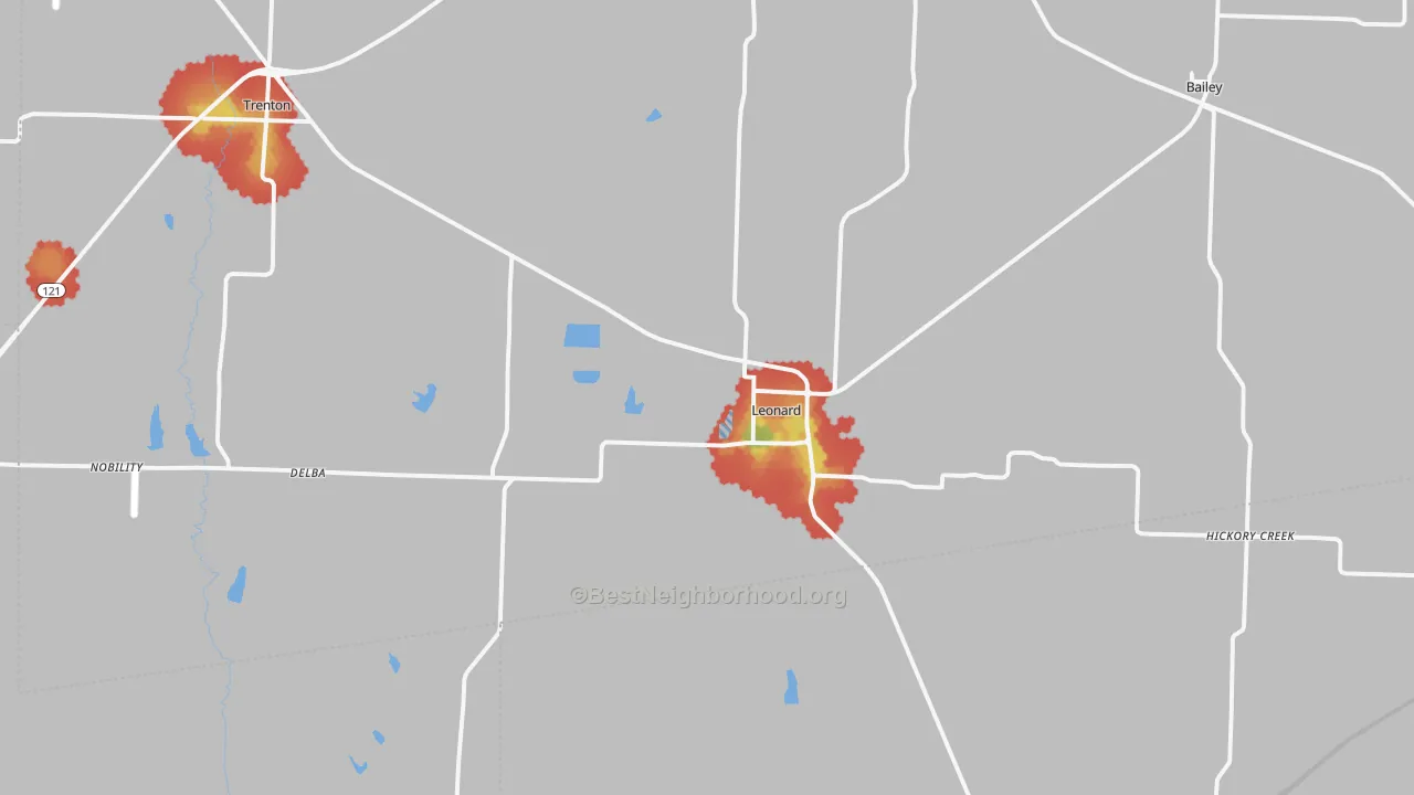 Walk Grade map of Leonard, TX, walkable areas in green and car-dependent areas in red