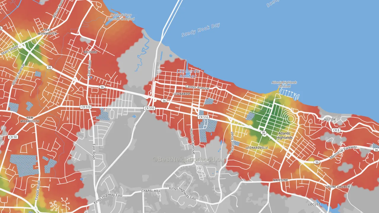 Walk Grade map of Leonardo, NJ, walkable areas in green and car-dependent areas in red