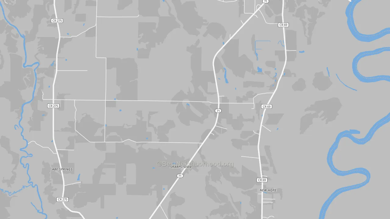 Walk Grade map of Leonards, FL, walkable areas in green and car-dependent areas in red