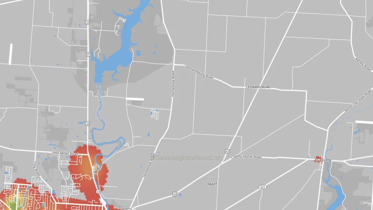 Walk Grade map of Leonardsburg, OH, walkable areas in green and car-dependent areas in red