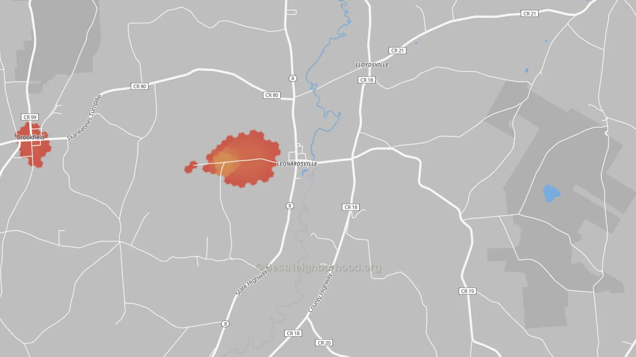 Walk Grade map of Leonardsville, NY, walkable areas in green and car-dependent areas in red