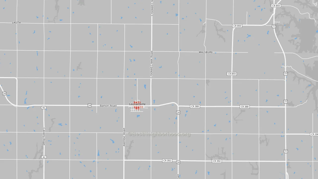 Walk Grade map of Leonardville, KS, walkable areas in green and car-dependent areas in red