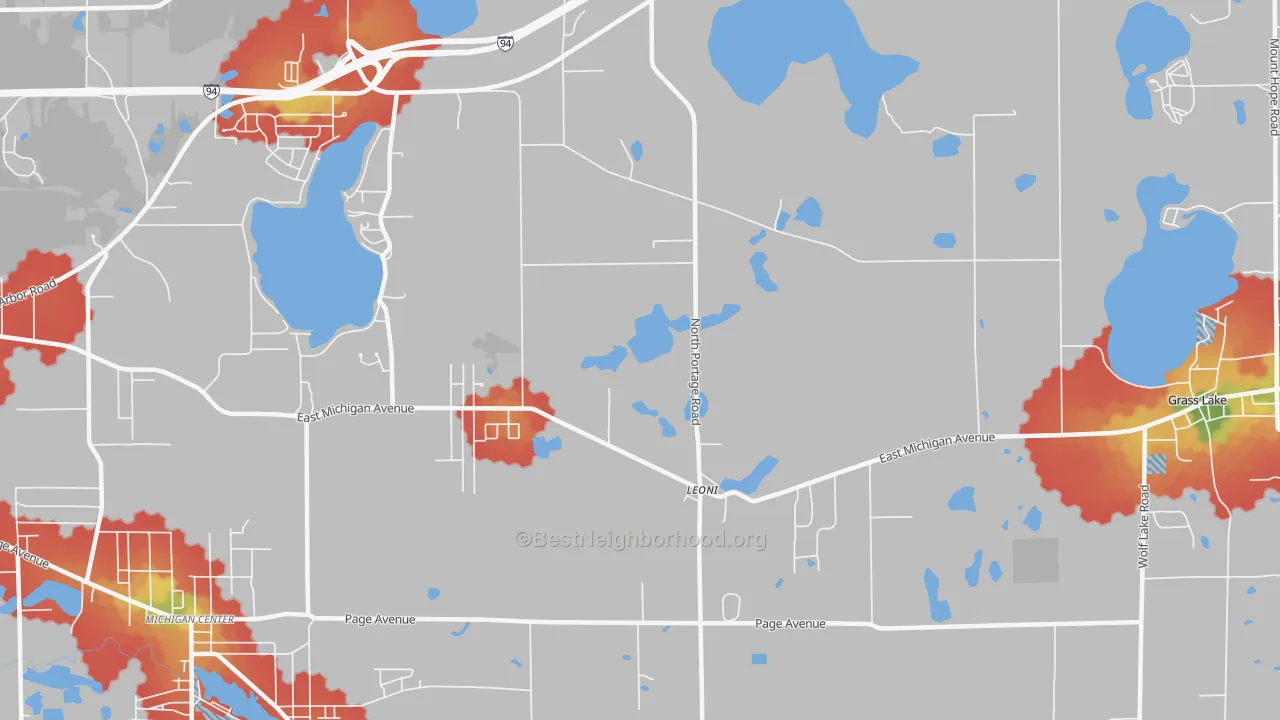 Walk Grade map of Leoni, MI, walkable areas in green and car-dependent areas in red