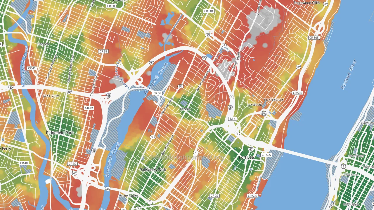 Walk Grade map of Leonia, NJ, walkable areas in green and car-dependent areas in red