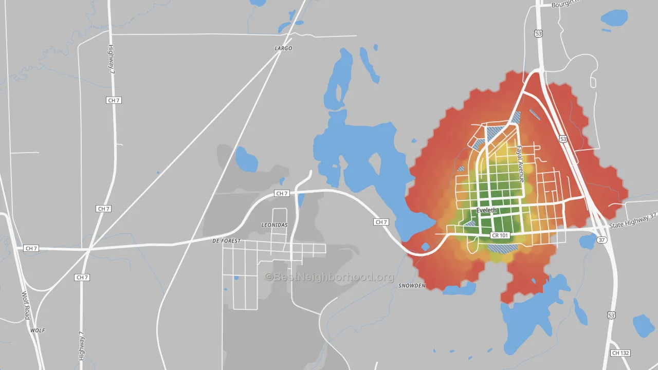 Walk Grade map of Leonidas, MN, walkable areas in green and car-dependent areas in red