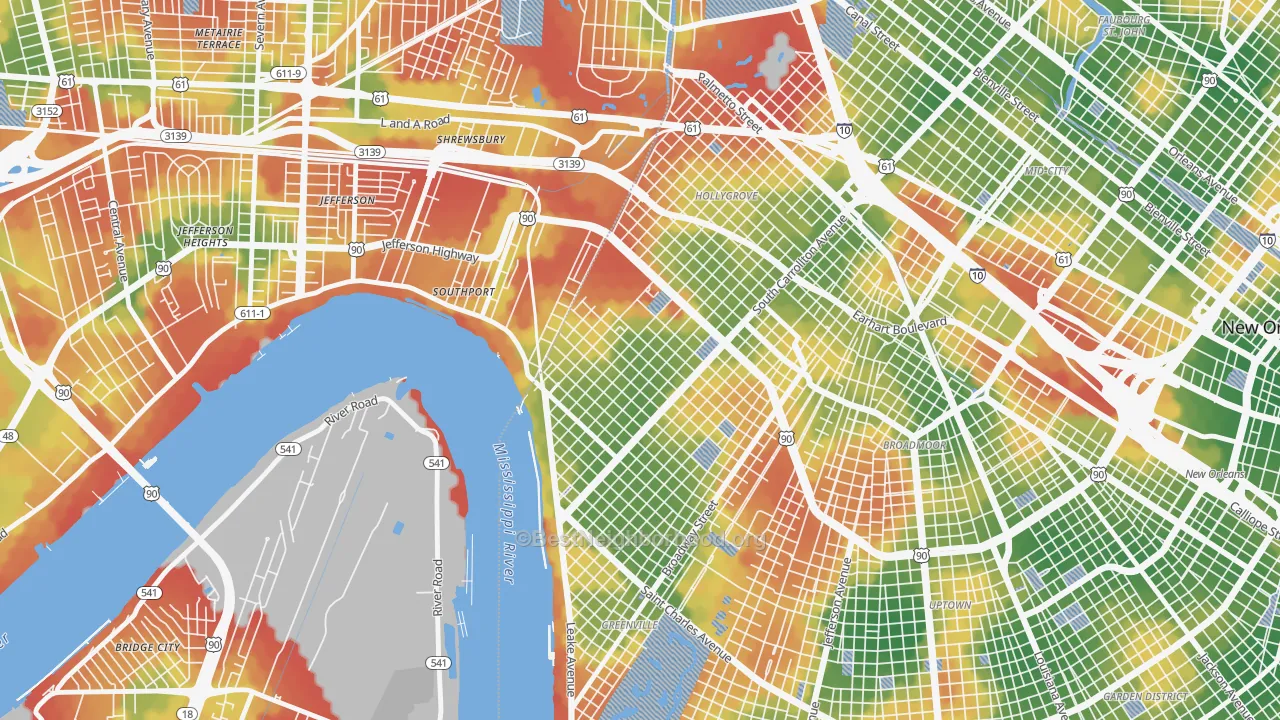 Walk Grade map of Leonidas, New Orleans, LA, walkable areas in green and car-dependent areas in red