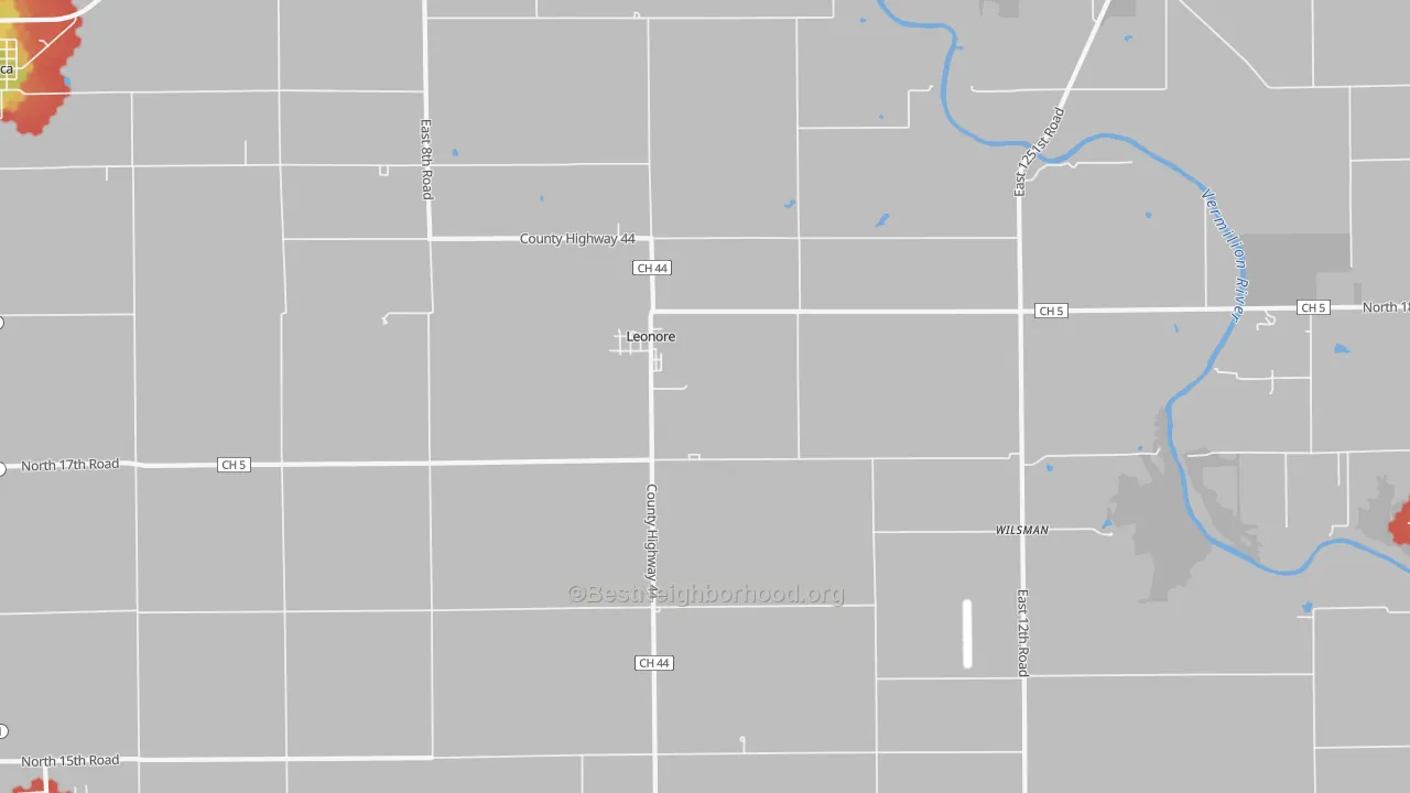Walk Grade map of Leonore, IL, walkable areas in green and car-dependent areas in red