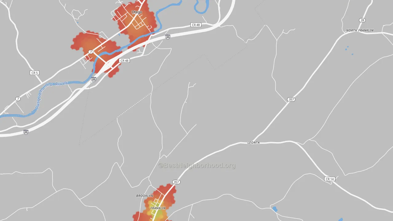 Walk Grade map of Leonta, NY, walkable areas in green and car-dependent areas in red