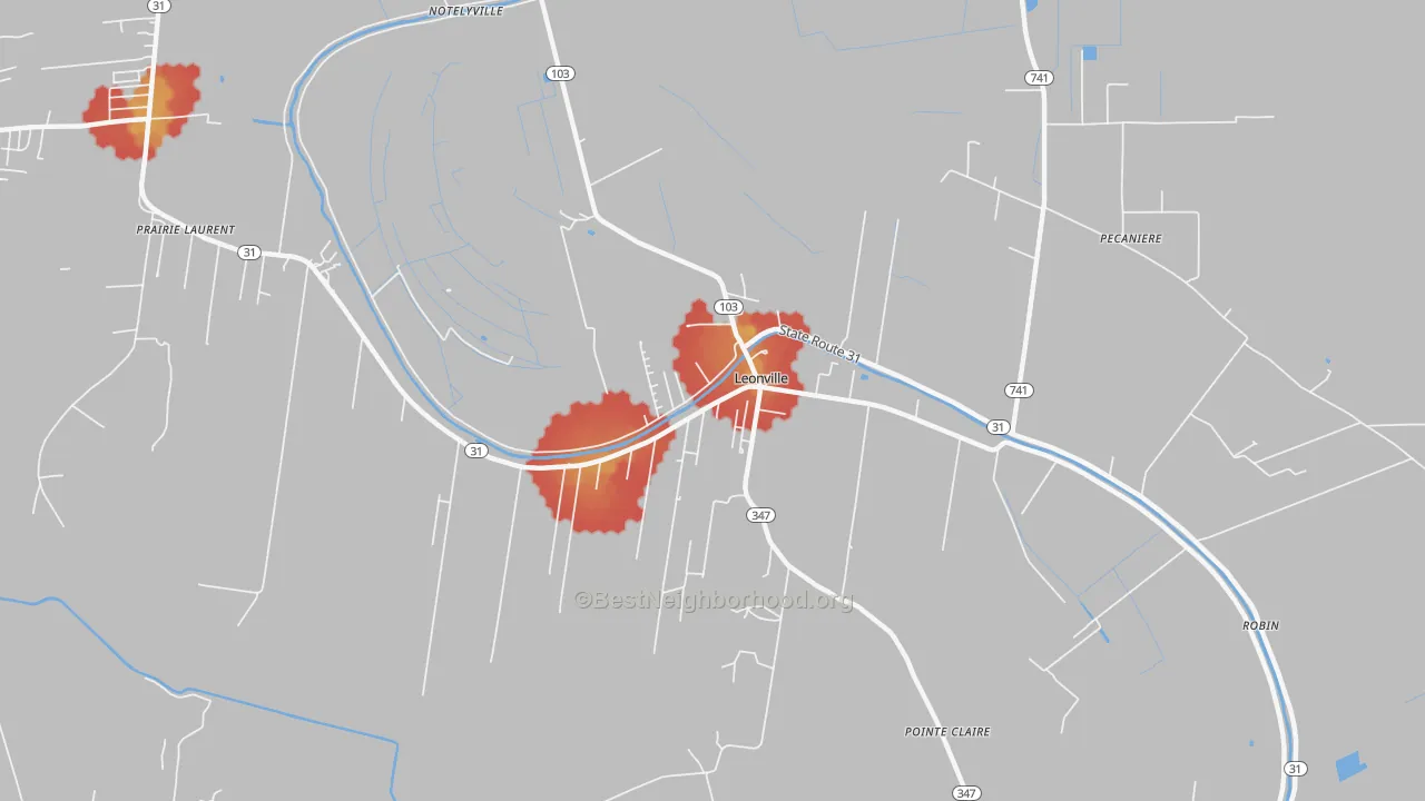 Walk Grade map of Leonville, LA, walkable areas in green and car-dependent areas in red