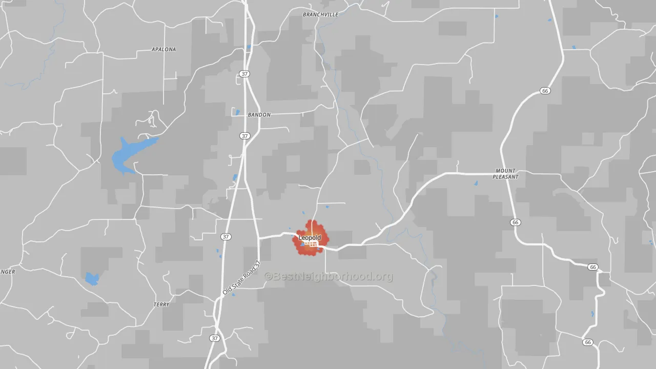 Walk Grade map of Leopold, IN, walkable areas in green and car-dependent areas in red