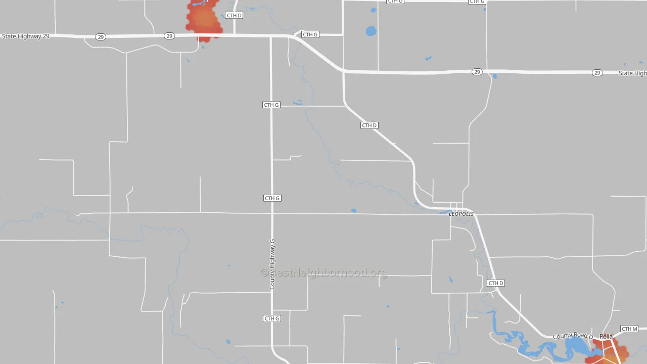 Walk Grade map of Leopolis, WI, walkable areas in green and car-dependent areas in red