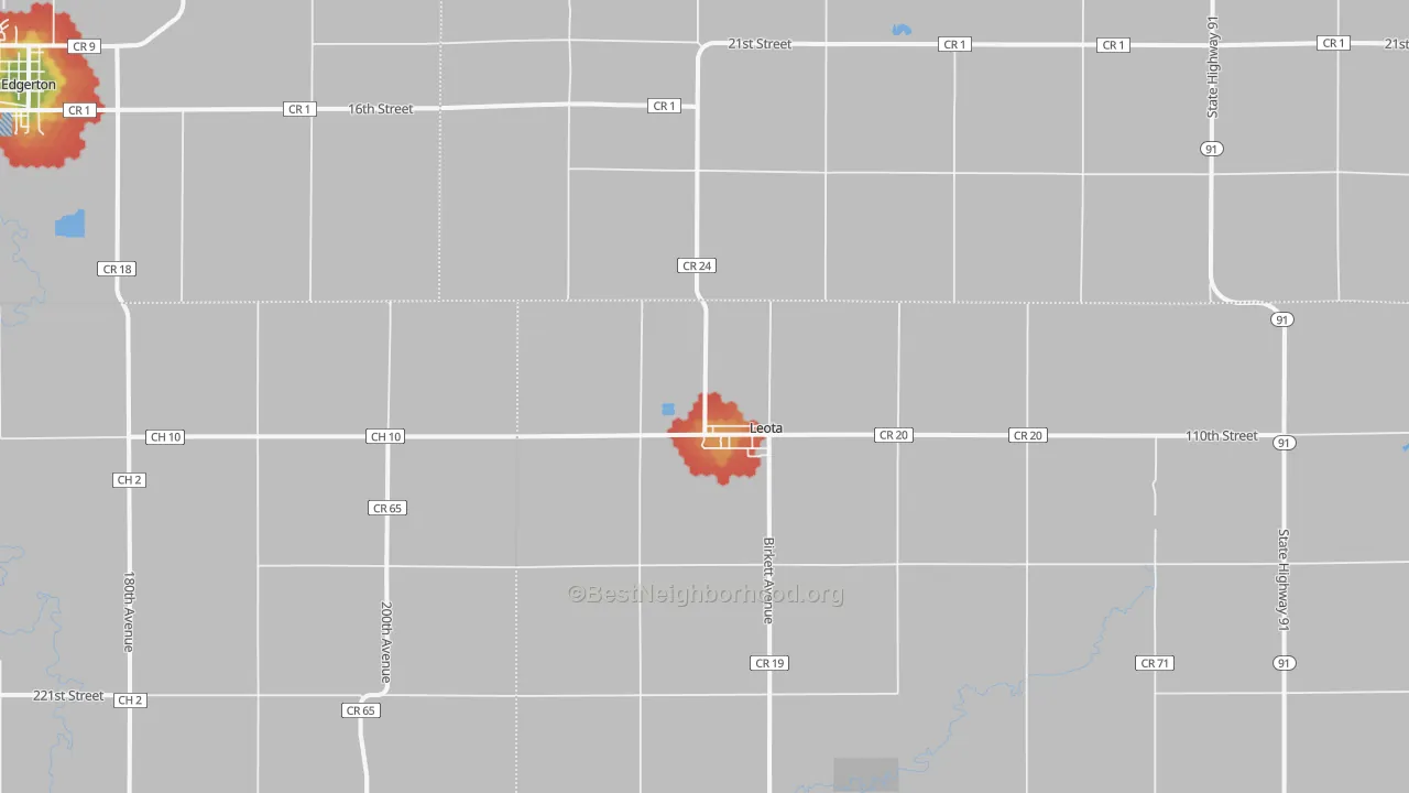 Walk Grade map of Leota, MN, walkable areas in green and car-dependent areas in red
