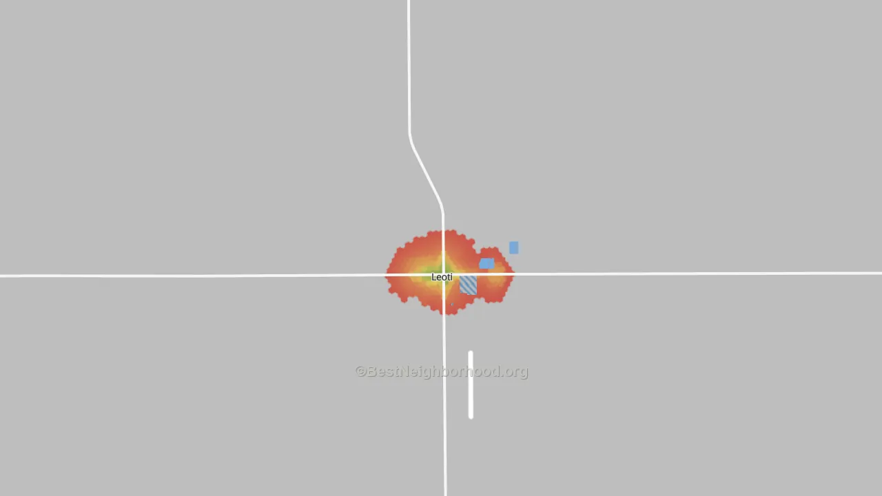 Walk Grade map of Leoti, KS, walkable areas in green and car-dependent areas in red