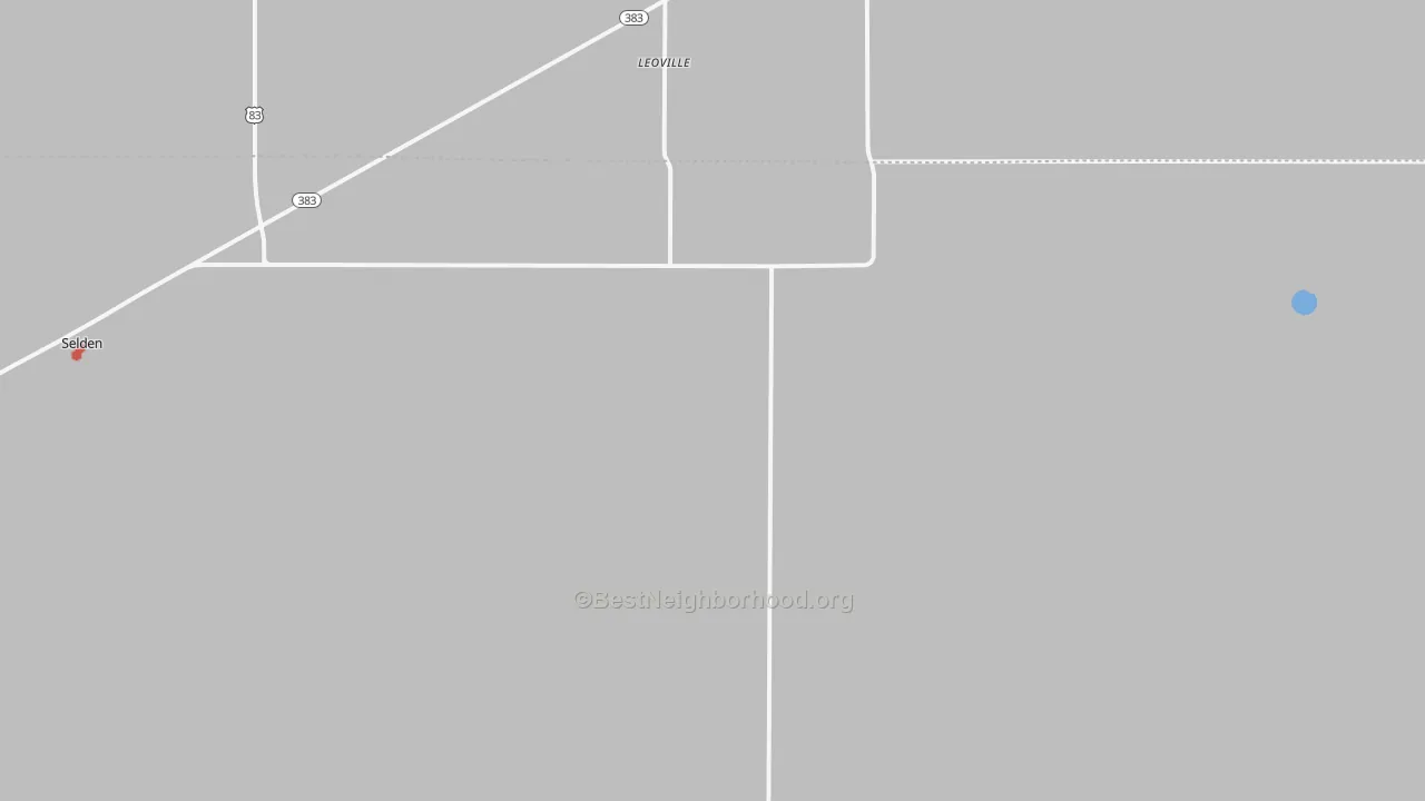 Walk Grade map of Leoville, KS, walkable areas in green and car-dependent areas in red