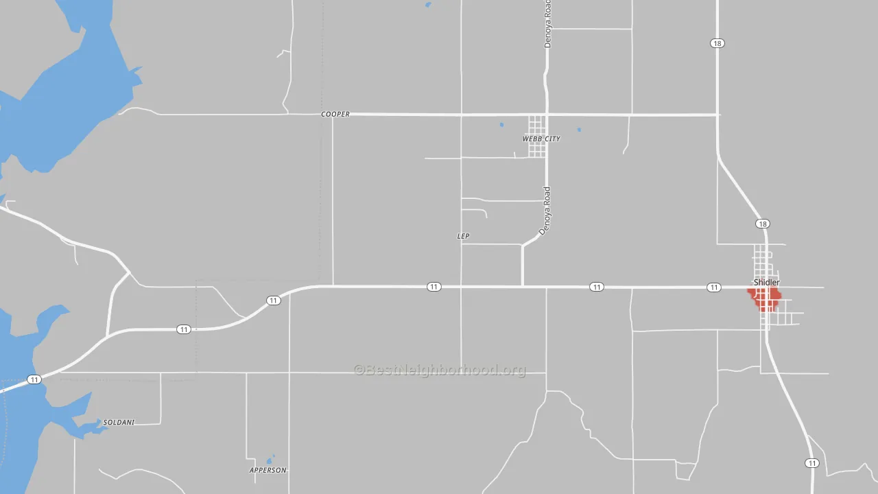Walk Grade map of Lep, OK, walkable areas in green and car-dependent areas in red
