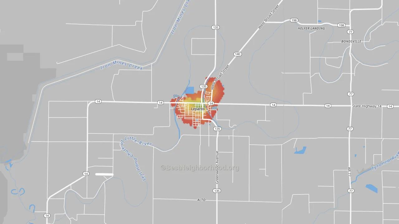 Walk Grade map of Lepanto, AR, walkable areas in green and car-dependent areas in red