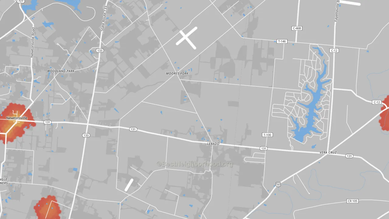 Walk Grade map of Lerado, OH, walkable areas in green and car-dependent areas in red