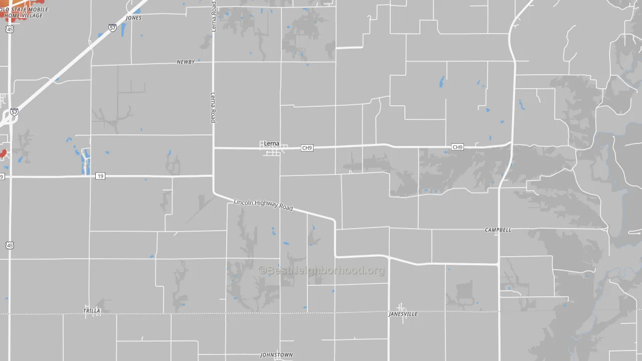 Walk Grade map of Lerna, IL, walkable areas in green and car-dependent areas in red
