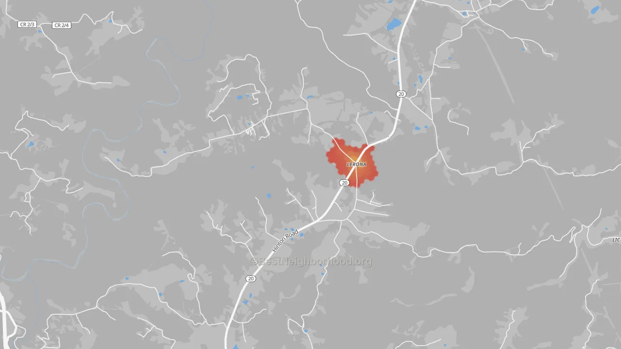 Walk Grade map of Lerona, WV, walkable areas in green and car-dependent areas in red