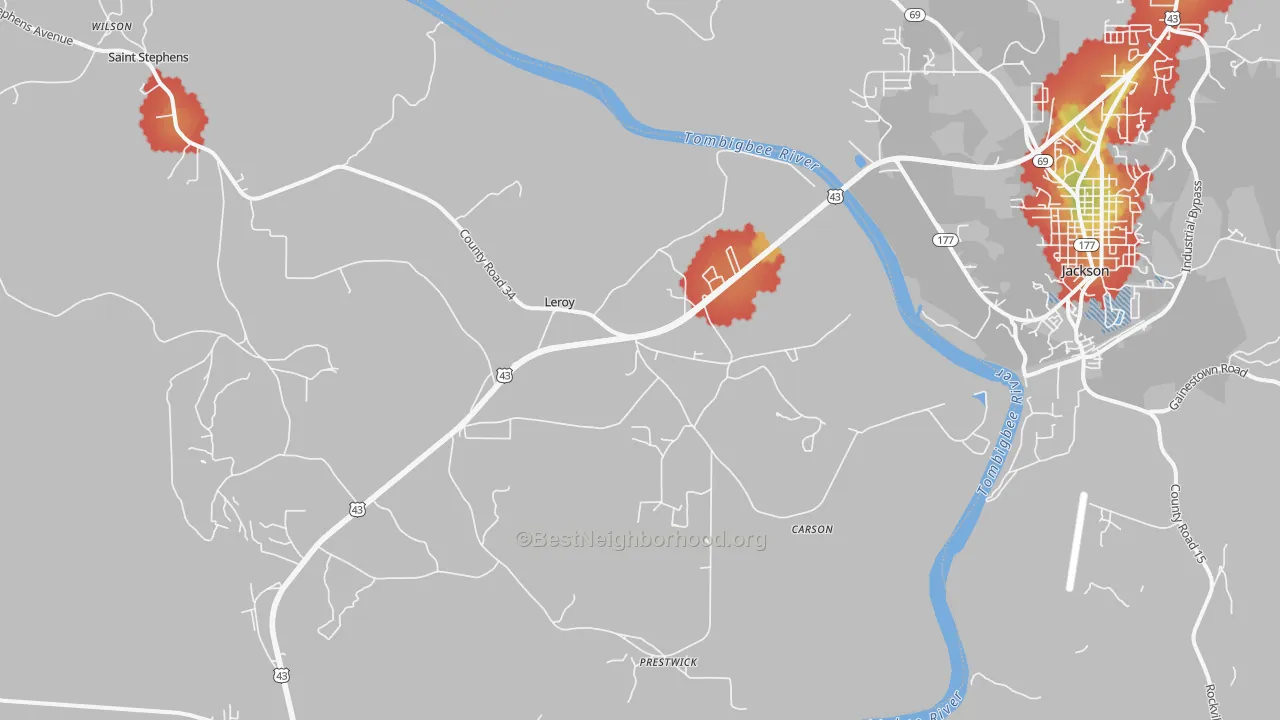 Walk Grade map of Leroy, AL, walkable areas in green and car-dependent areas in red
