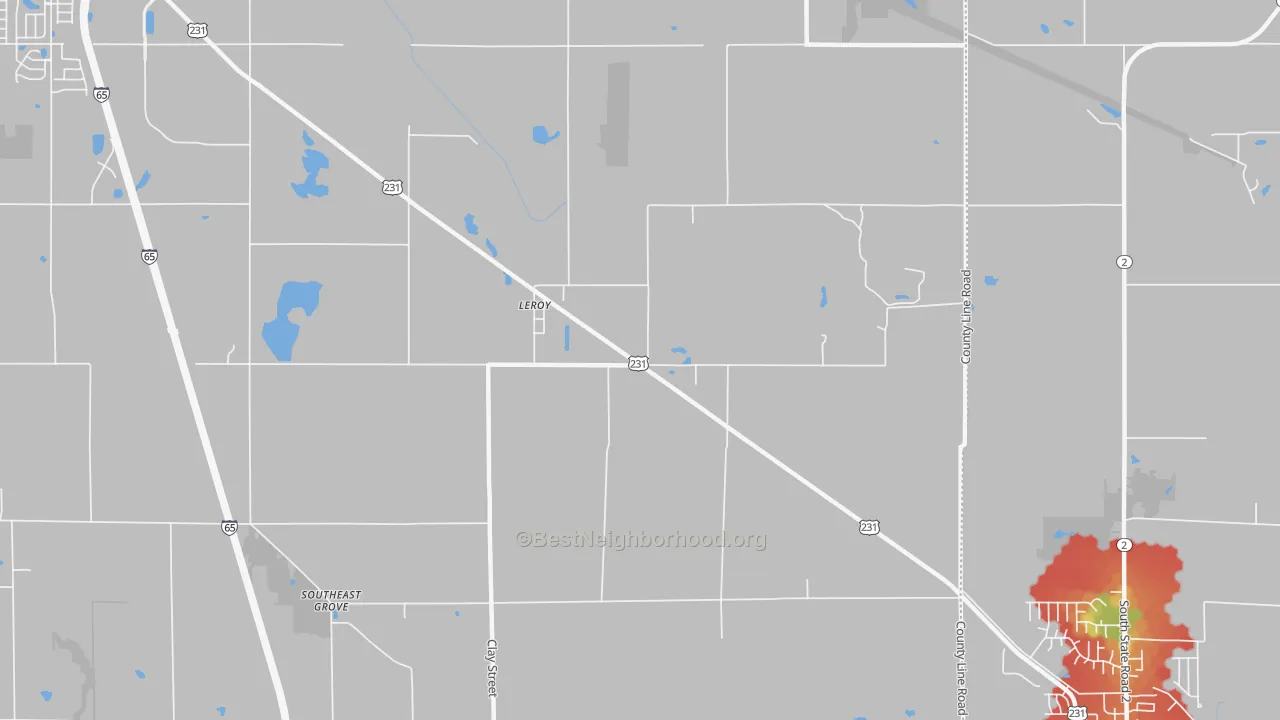 Walk Grade map of Leroy, IN, walkable areas in green and car-dependent areas in red