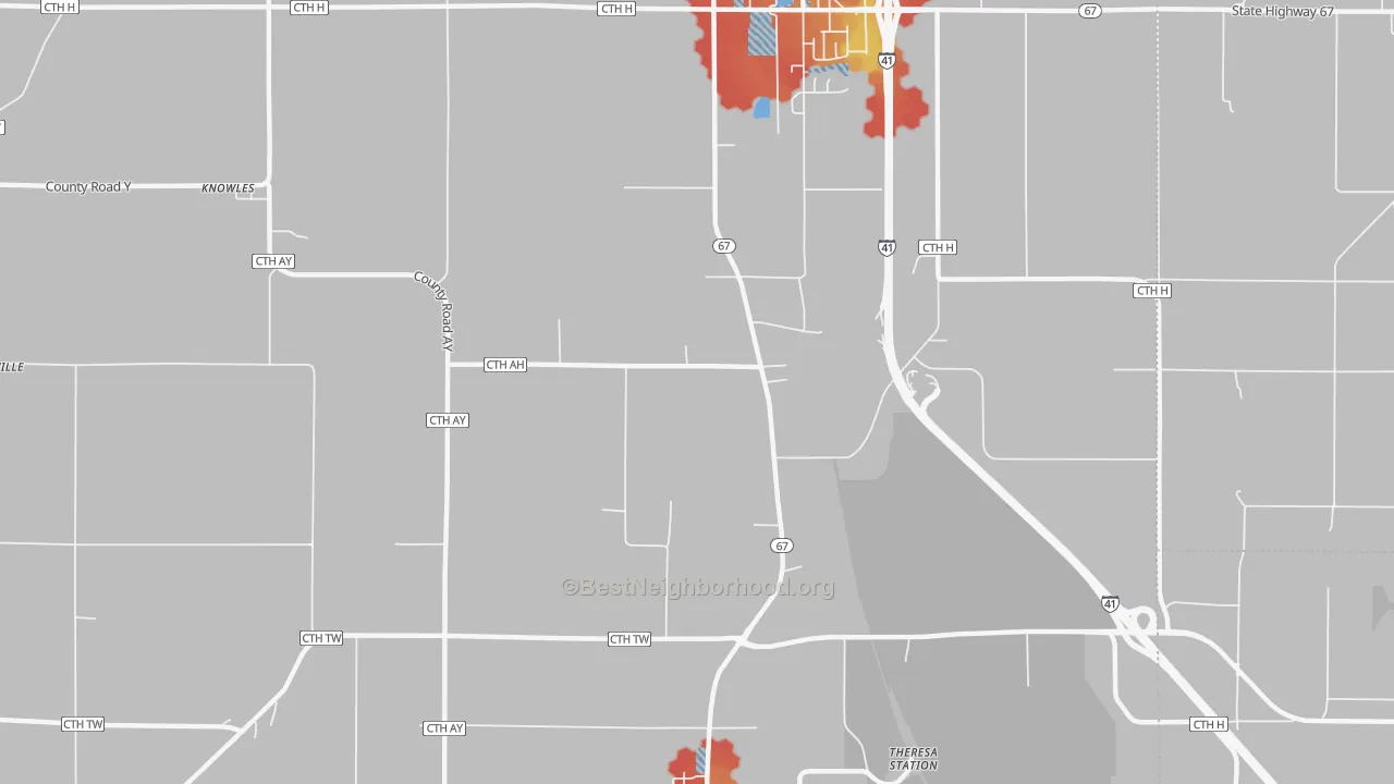 Walk Grade map of LeRoy, WI, walkable areas in green and car-dependent areas in red