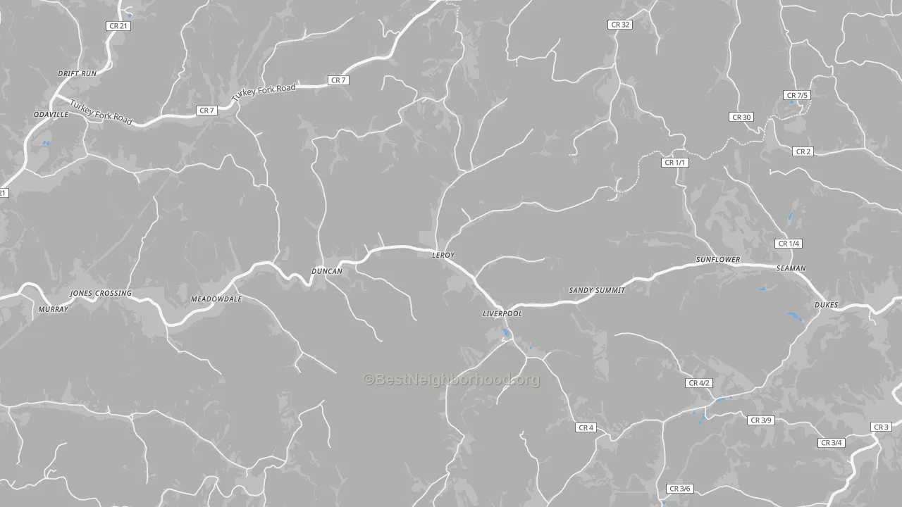 Walk Grade map of Leroy, WV, walkable areas in green and car-dependent areas in red