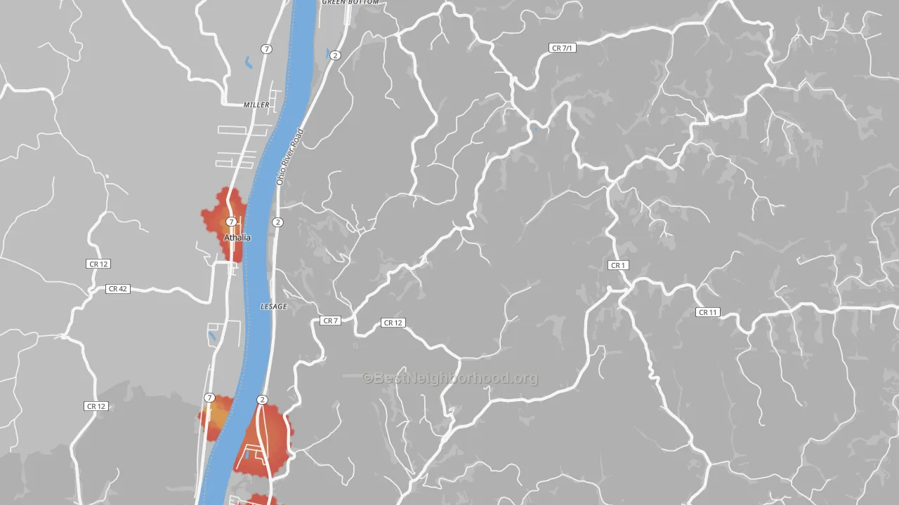 Walk Grade map of Lesage, WV, walkable areas in green and car-dependent areas in red