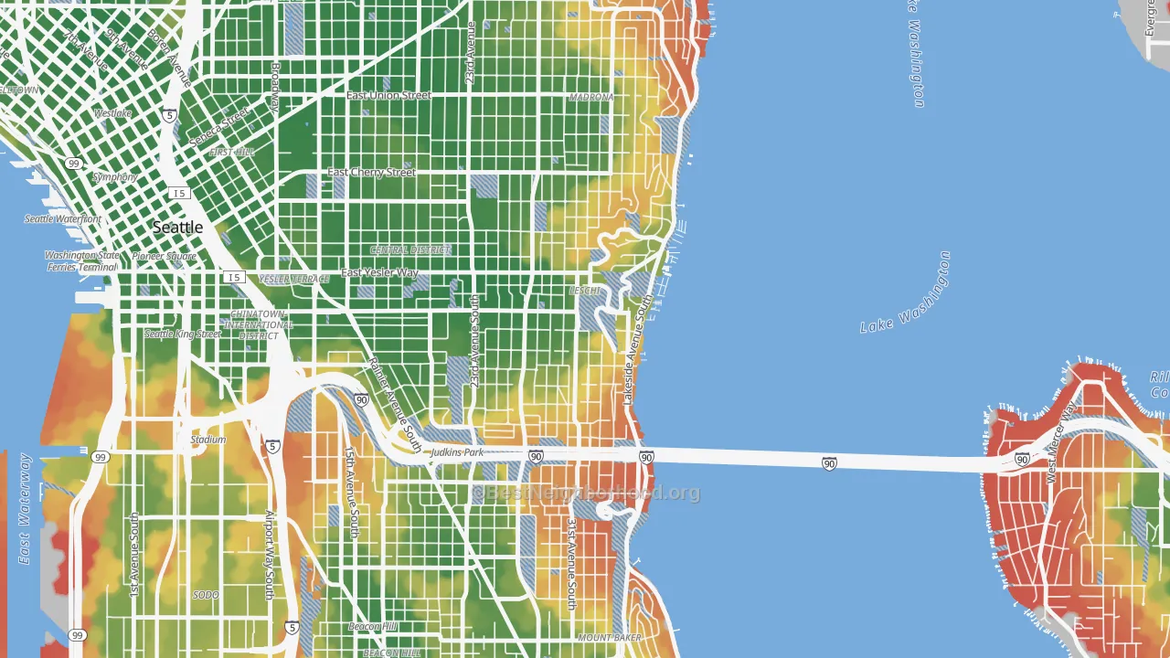 Walk Grade map of Leschi, Seattle, WA, walkable areas in green and car-dependent areas in red