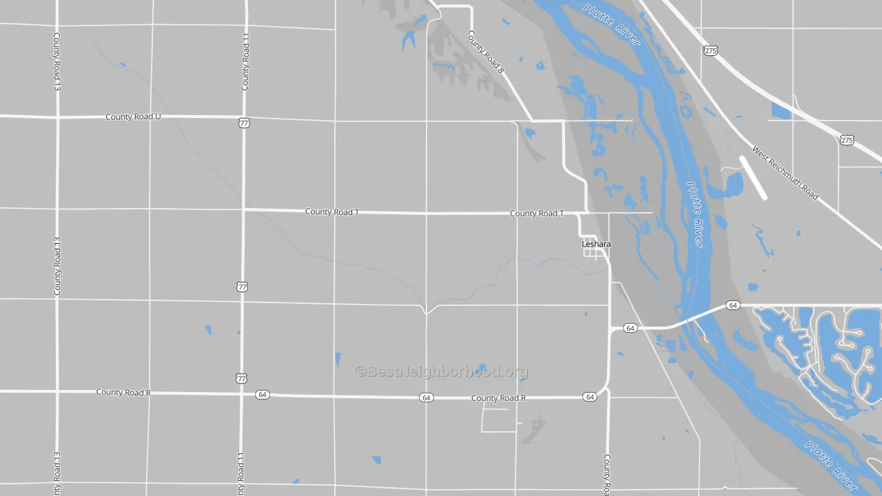Walk Grade map of Leshara, NE, walkable areas in green and car-dependent areas in red