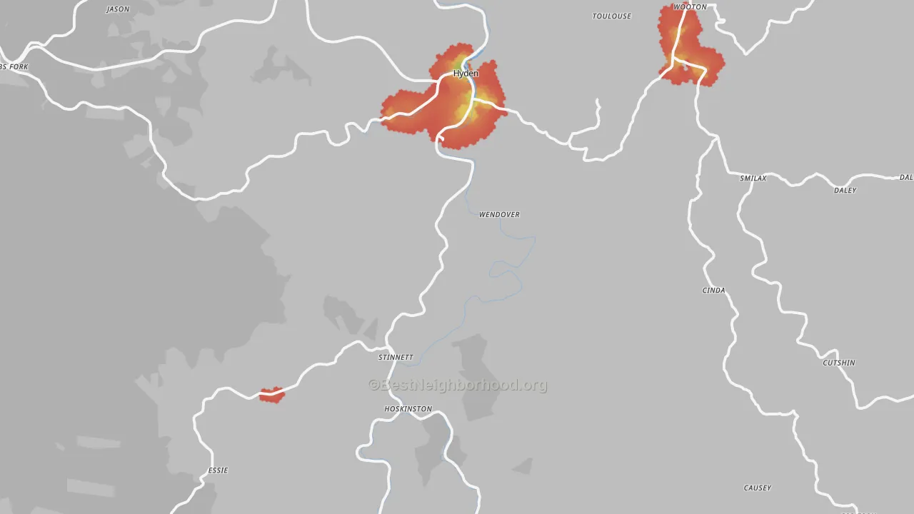 Walk Grade map of Leslie County, KY, walkable areas in green and car-dependent areas in red