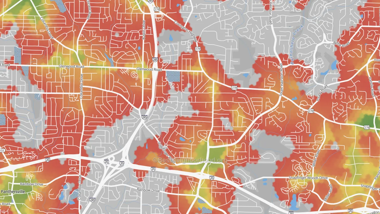 Walk Grade map of Leslie, Decatur, GA, walkable areas in green and car-dependent areas in red