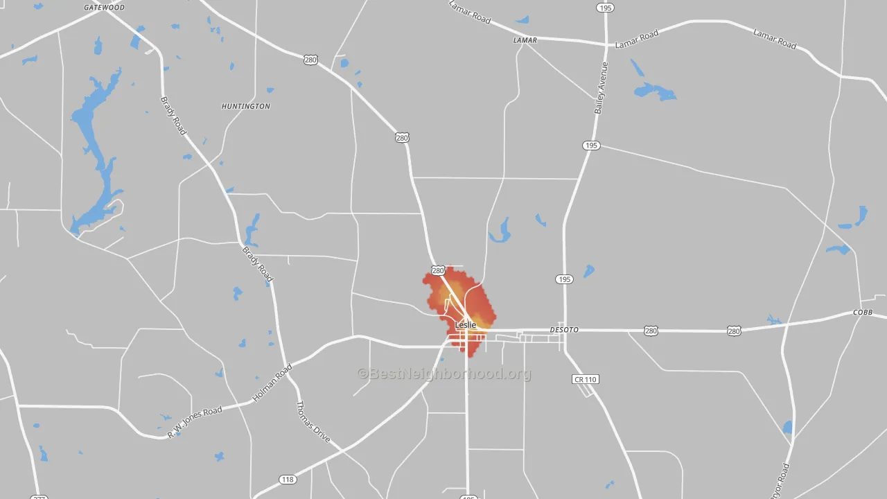Walk Grade map of Leslie, GA, walkable areas in green and car-dependent areas in red