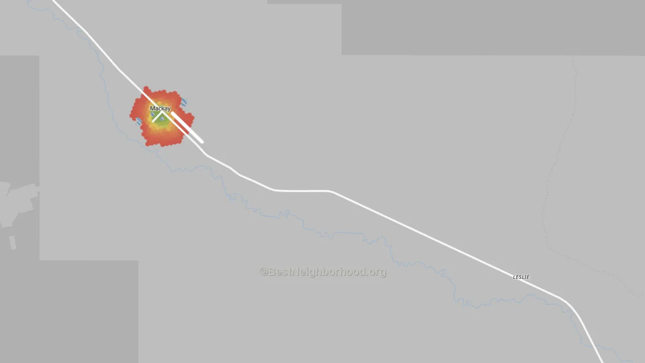 Walk Grade map of Leslie, ID, walkable areas in green and car-dependent areas in red