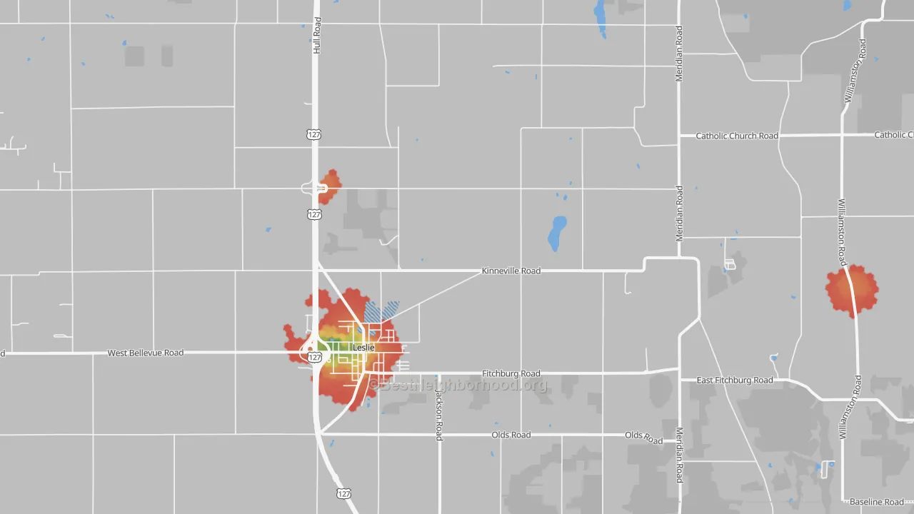 Walk Grade map of Leslie, MI, walkable areas in green and car-dependent areas in red