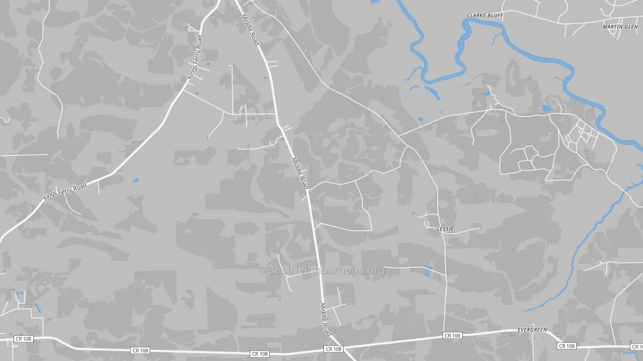 Walk Grade map of Lessie, FL, walkable areas in green and car-dependent areas in red