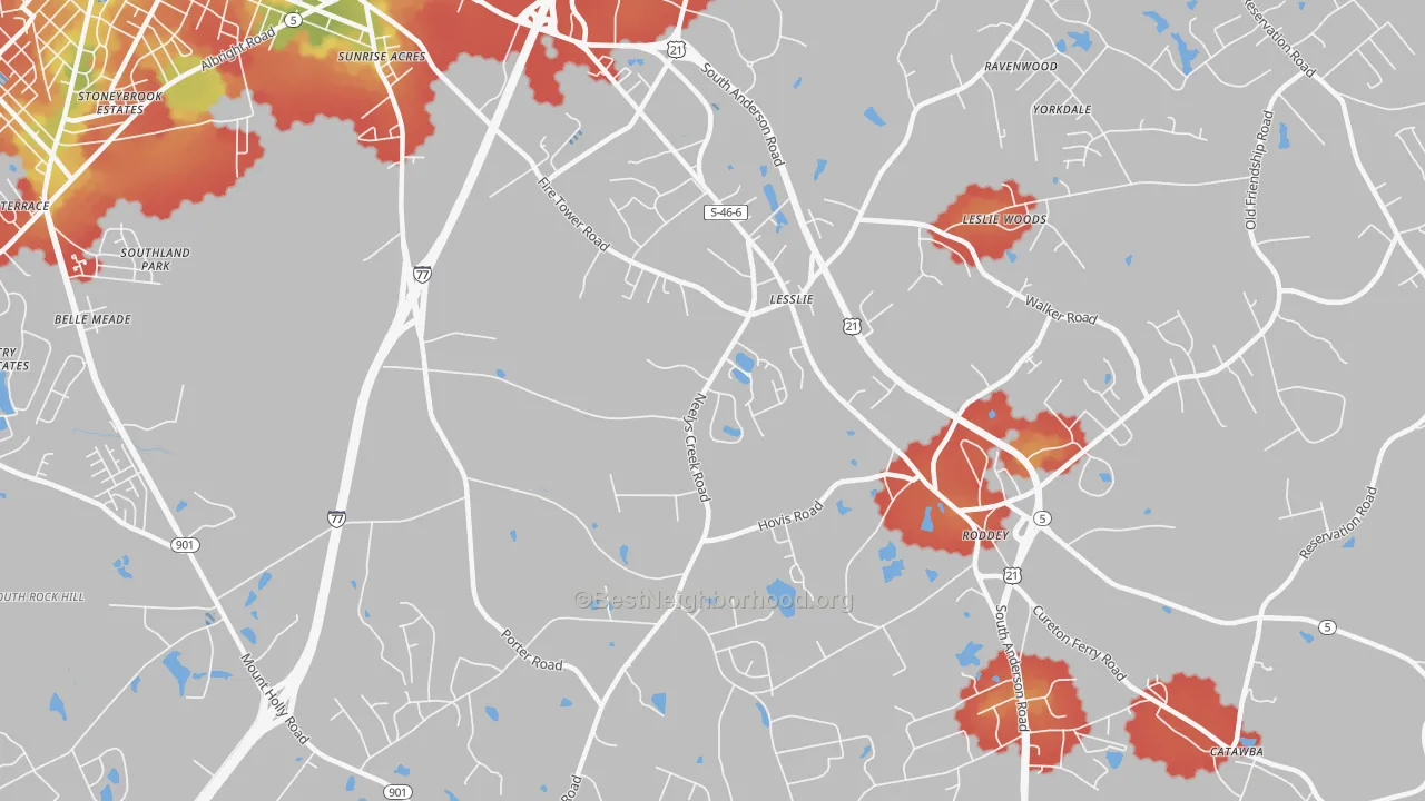 Walk Grade map of Lesslie, SC, walkable areas in green and car-dependent areas in red