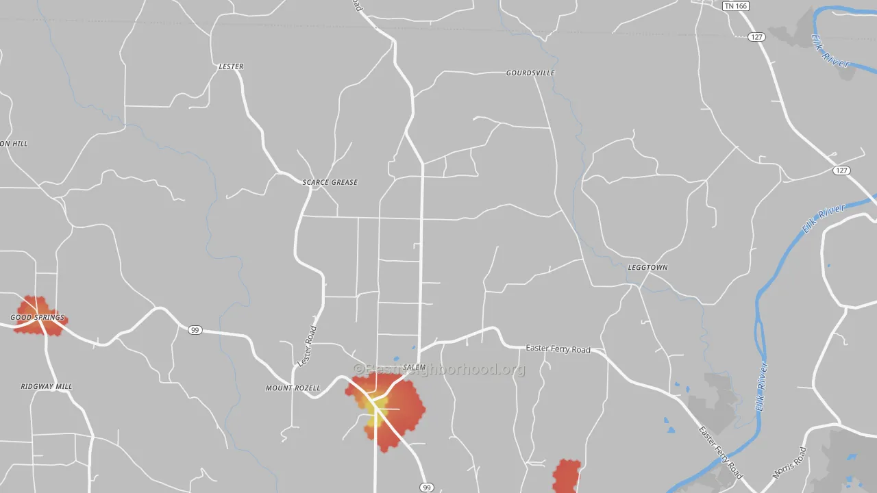 Walk Grade map of Lester, AL, walkable areas in green and car-dependent areas in red