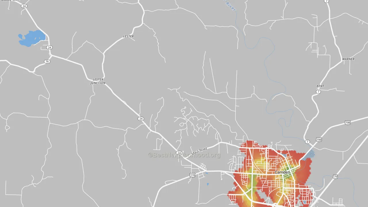 Walk Grade map of Lester, AR, walkable areas in green and car-dependent areas in red