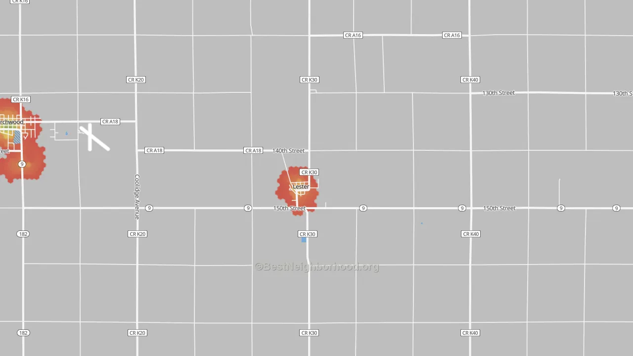 Walk Grade map of Lester, IA, walkable areas in green and car-dependent areas in red