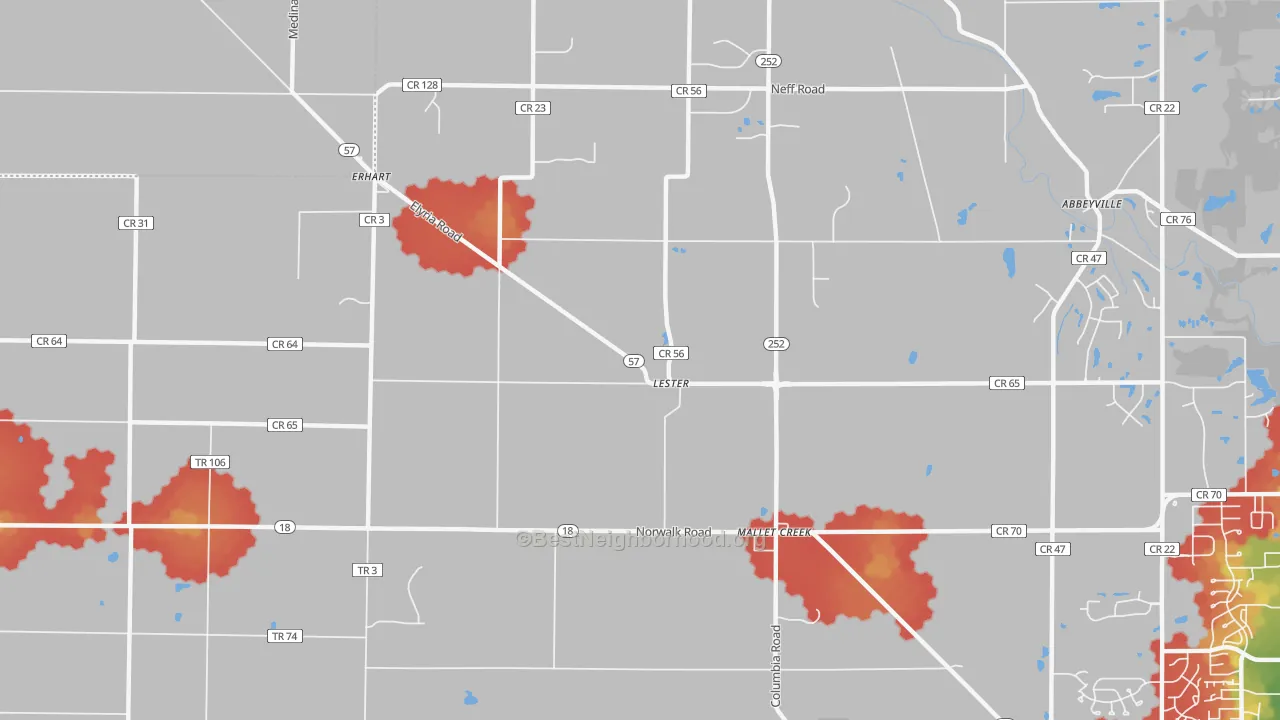 Walk Grade map of Lester, OH, walkable areas in green and car-dependent areas in red