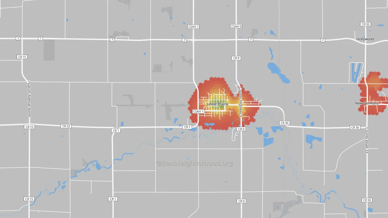 Walk Grade map of Lester Prairie, MN, walkable areas in green and car-dependent areas in red