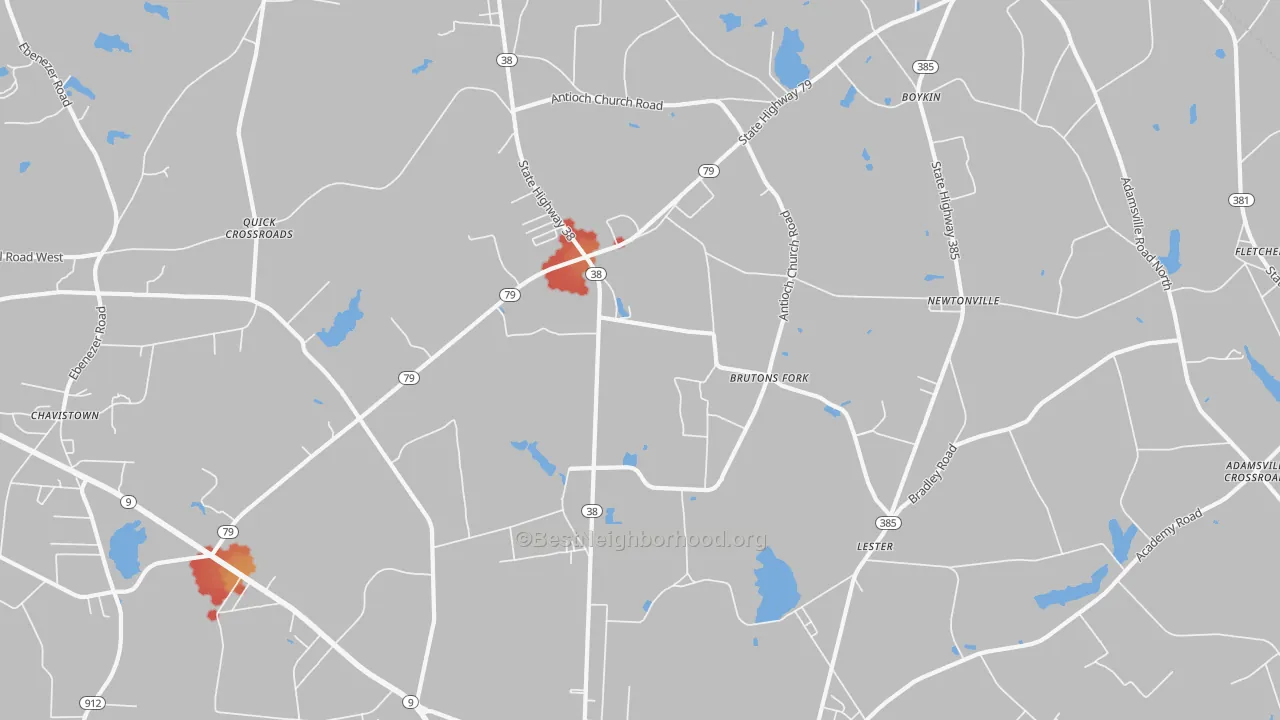 Walk Grade map of Lester, SC, walkable areas in green and car-dependent areas in red