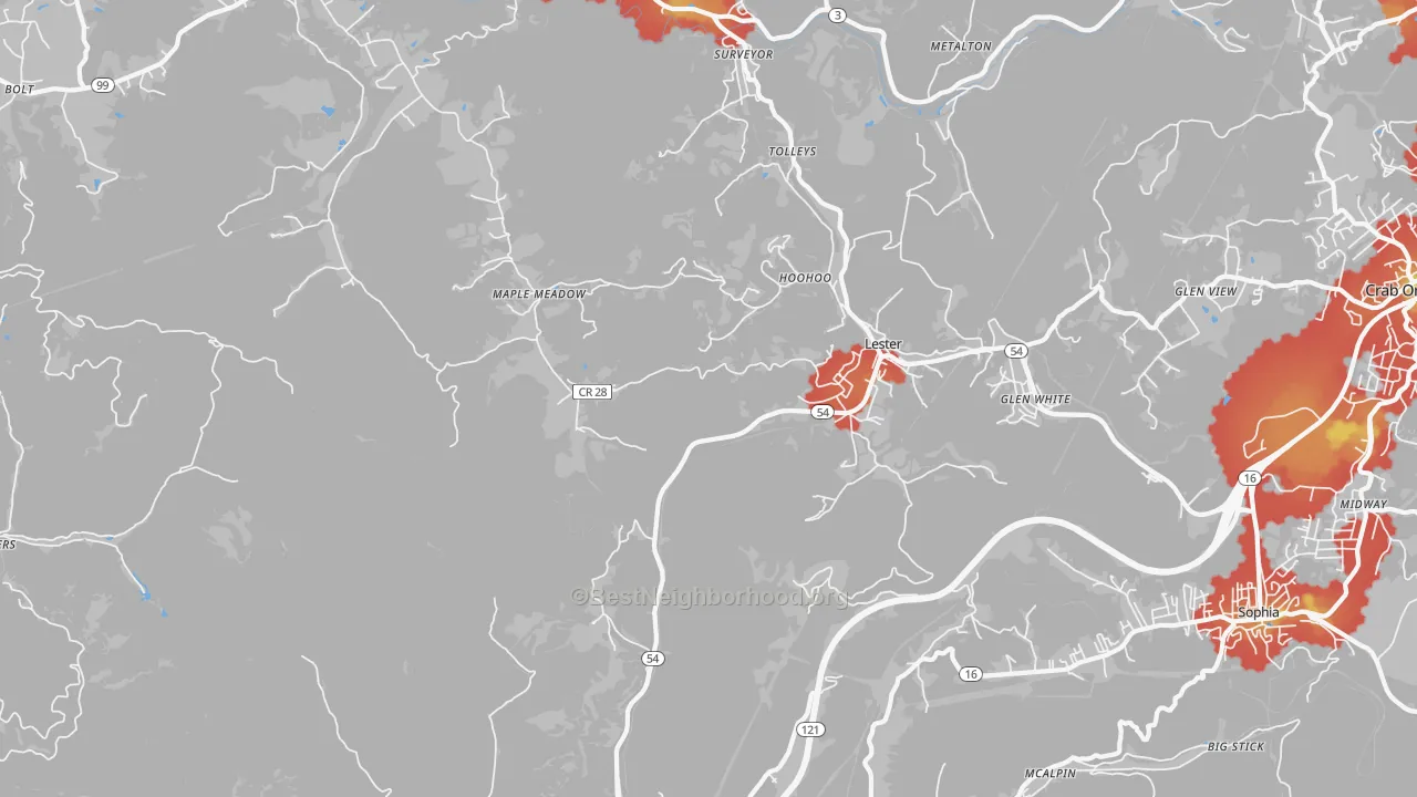 Walk Grade map of Lester, WV, walkable areas in green and car-dependent areas in red