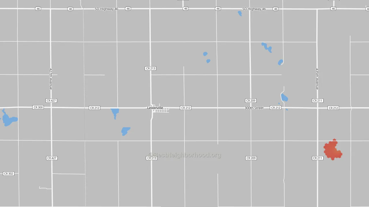 Walk Grade map of Lesterville, SD, walkable areas in green and car-dependent areas in red
