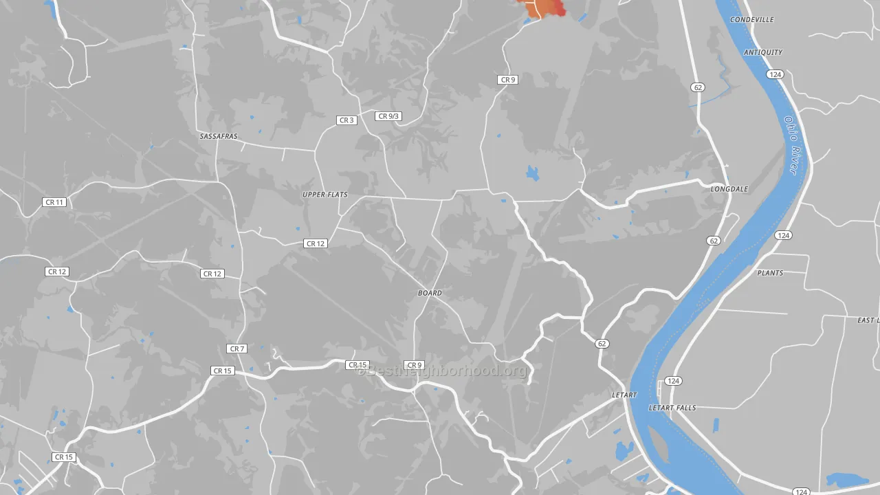Walk Grade map of Letart, WV, walkable areas in green and car-dependent areas in red