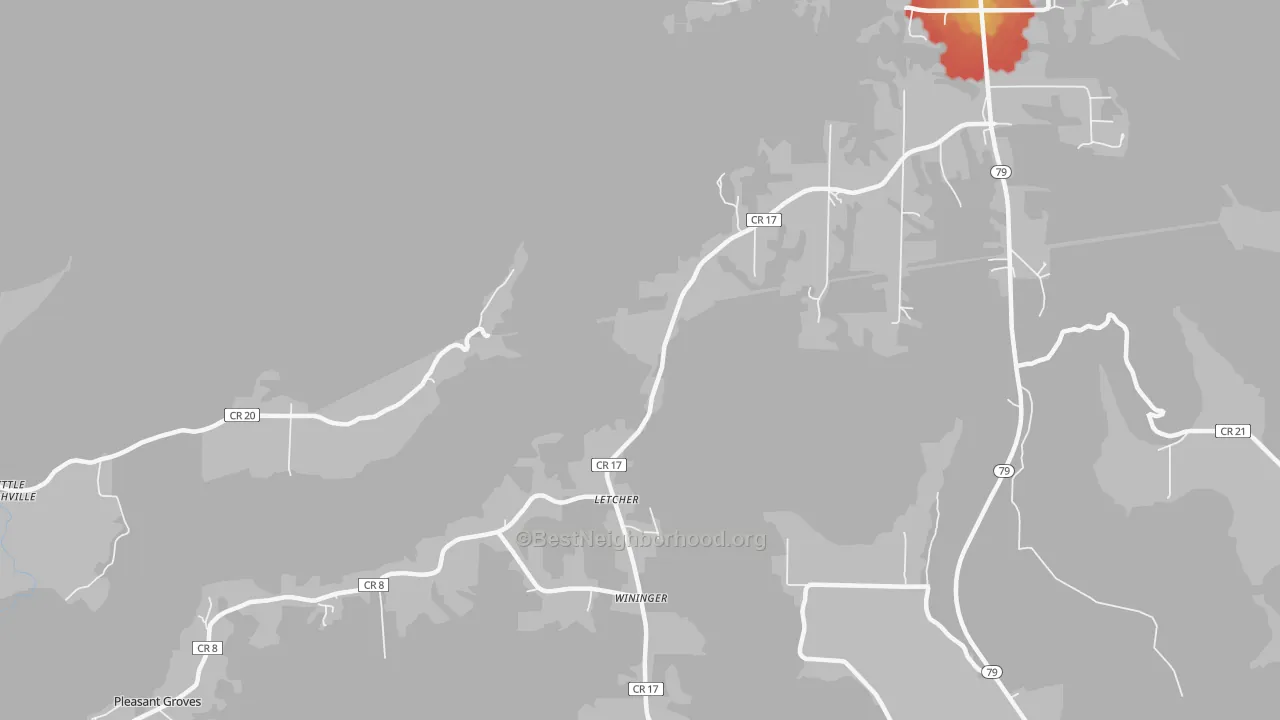 Walk Grade map of Letcher, AL, walkable areas in green and car-dependent areas in red