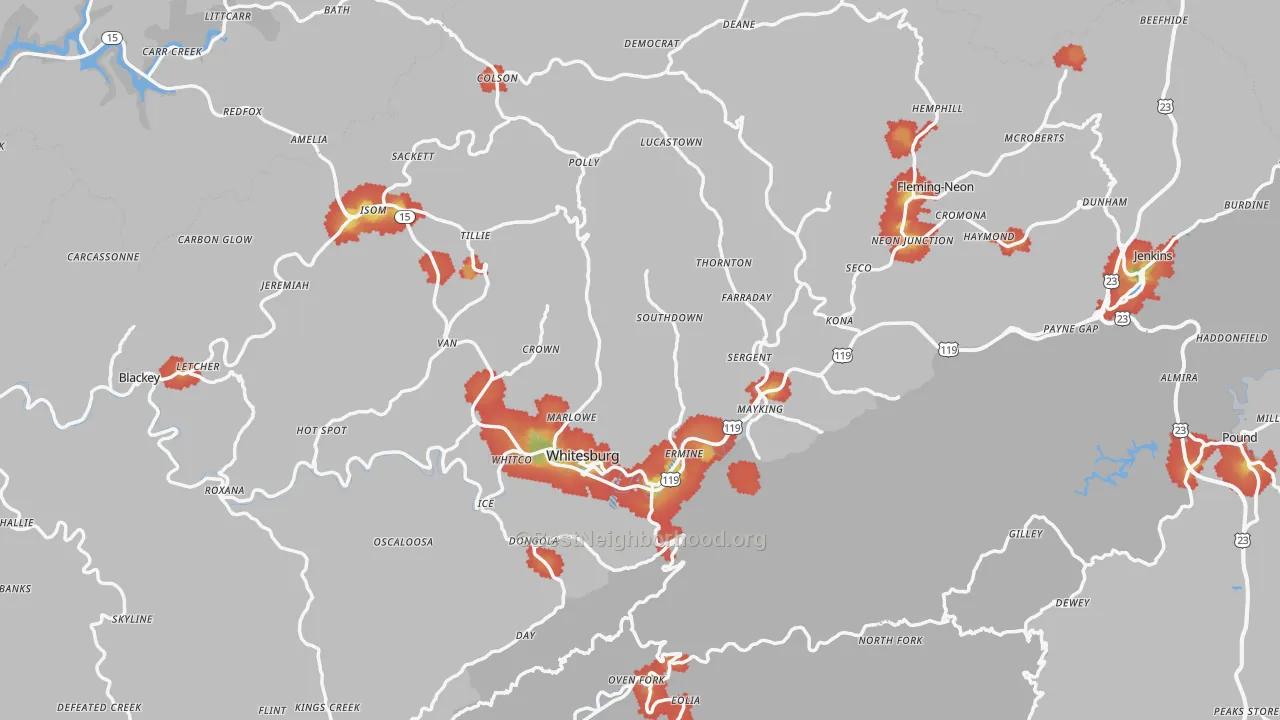 Walk Grade map of Letcher County, KY, walkable areas in green and car-dependent areas in red