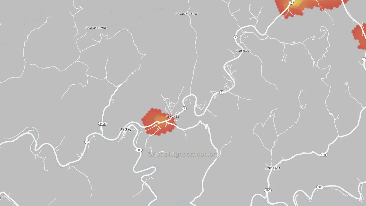 Walk Grade map of Letcher, KY, walkable areas in green and car-dependent areas in red